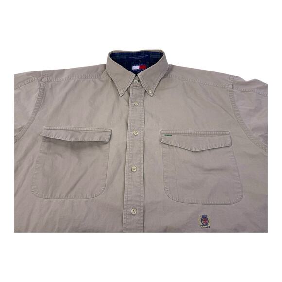 Tommy Hilfiger Shirt Mens Medium Khaki Button Down Oxford Crest Streetwear Y2K - Picture 11 of 15